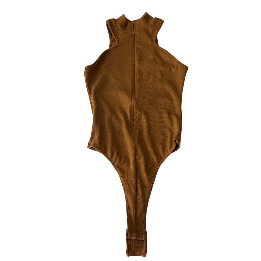 Sleeveless Brown Ribbed Bodysuit M With Zipper Front & High Neck